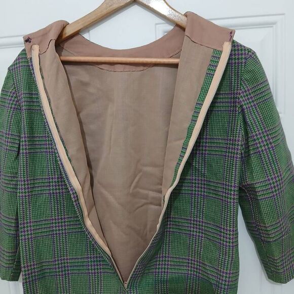 Handmade vintage womens small houndstooth wool plaid green purple shirt top - Picture 4 of 7